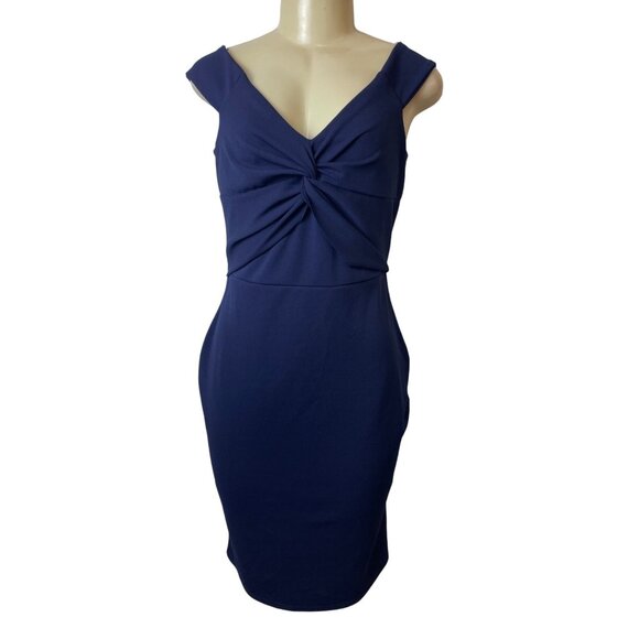 Quiz Navy Blue Off-Shoulder Twist Knot Women's Knee Length Bodycon Dress Sz 14 - Picture 1 of 9